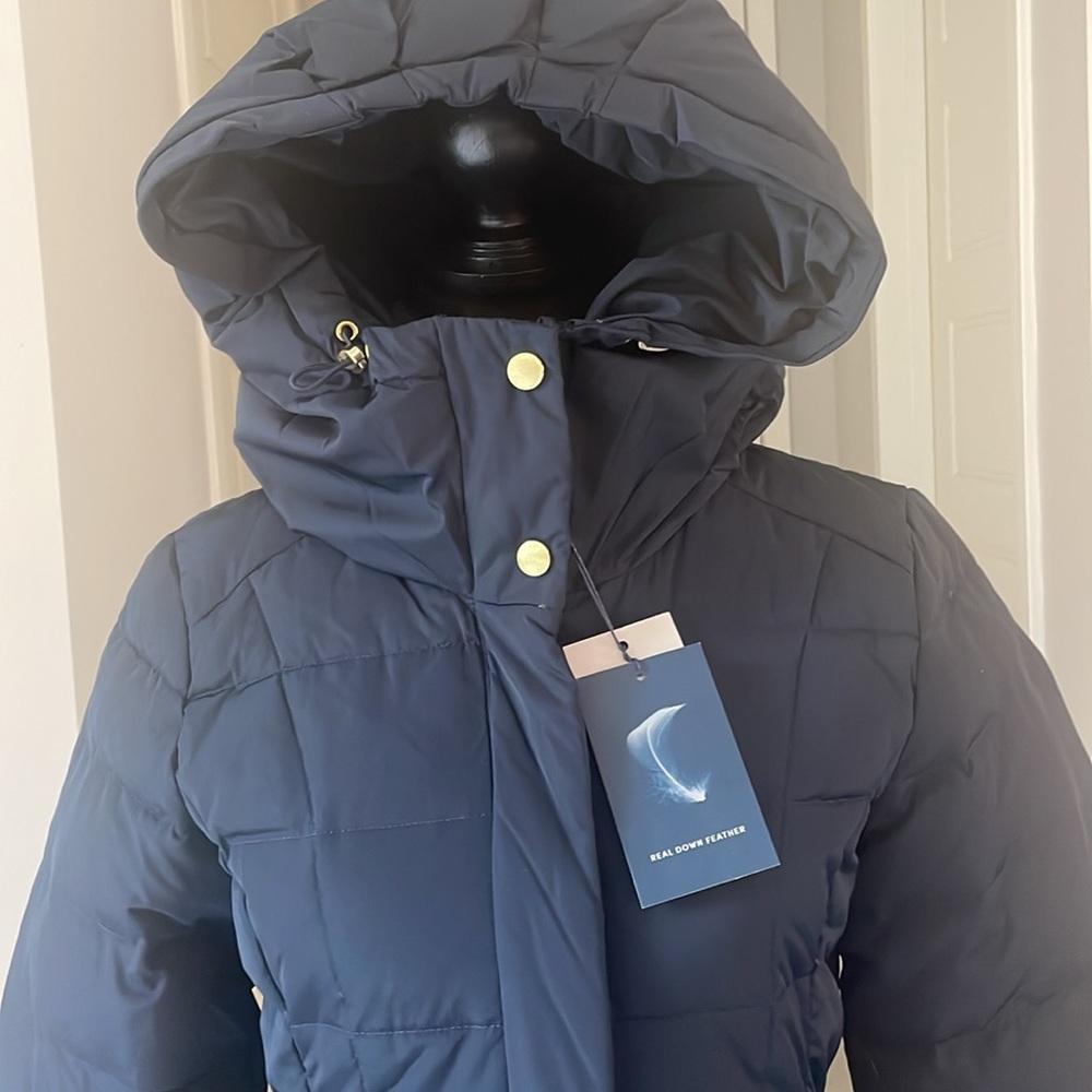 Cole Haan Signature Navy Long Down Puffer Coat Hooded Size XS NWT - Picture 8 of 11
